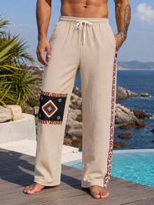1pc Khaki Men's Straight Leg Casual Pants, Men's Beach Pants, Men's Trousers With Elastic Drawstring, Single Side Print, Men's Vacation Casual Pants, Vacation Style, Machine Washable, Beach, Island, Comfortable Travel Outfit - Khaki - View 5
