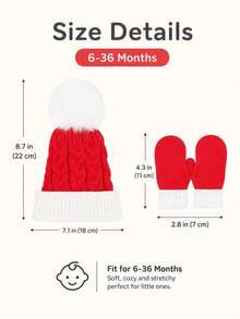 3PCS 6-36M Christmas Knitted Hat, Autumn/Winter Warm Pom Pom Hat, Gloves Set, Children's Knitted Hat And Gloves - 3PCS - View 3