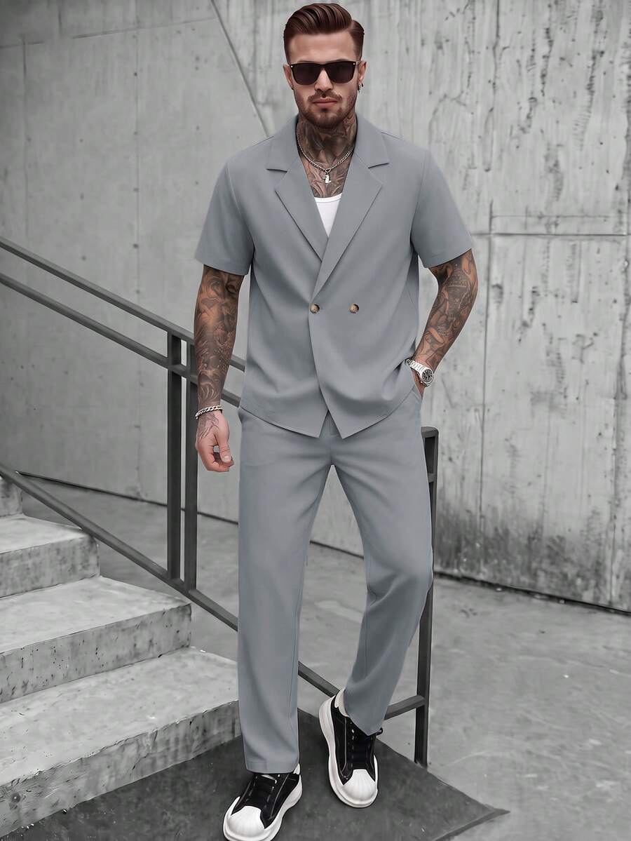 Plus Size Men's Loose Short Sleeve Pants Set, Woven Non-Stretch Solid Color Straight Lapel Casual Commuter 2-Piece Outfit - Grey - View 1