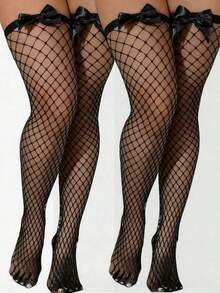 1/2 Pairs Women's Fishnet Thigh High Socks, Red & Black Color Over-The-Knee Socks With Satin Bow, Sexy Fishnet Stockings, Suitable For Valentine's Day, Party And Date Night - Multicolor - View 12