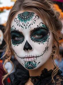 1pc Day Of The Dead Sticker, Sugar Skull Catrina Makeup Set, Halloween Mask Temporary Tattoo, Skull Face Paint Day Of The Dead Decoration, Accessories, Gift, Costume - Multicolor - View 2