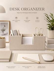 Cream-Style Vertical Striped Desktop Storage Box, Office Divided Pen Holder, Small Item Memo Remote Control Organizer - View 5