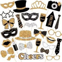 30pcs Black & Gold Glitter Photo Booth Props Set, Fun Selfie Photo Props Accessories, Suitable For Wedding, Birthday, Halloween, Christmas, New Year's Eve, Bachelor Party, Holiday Theme Party Decorations - Multicolor - View 1