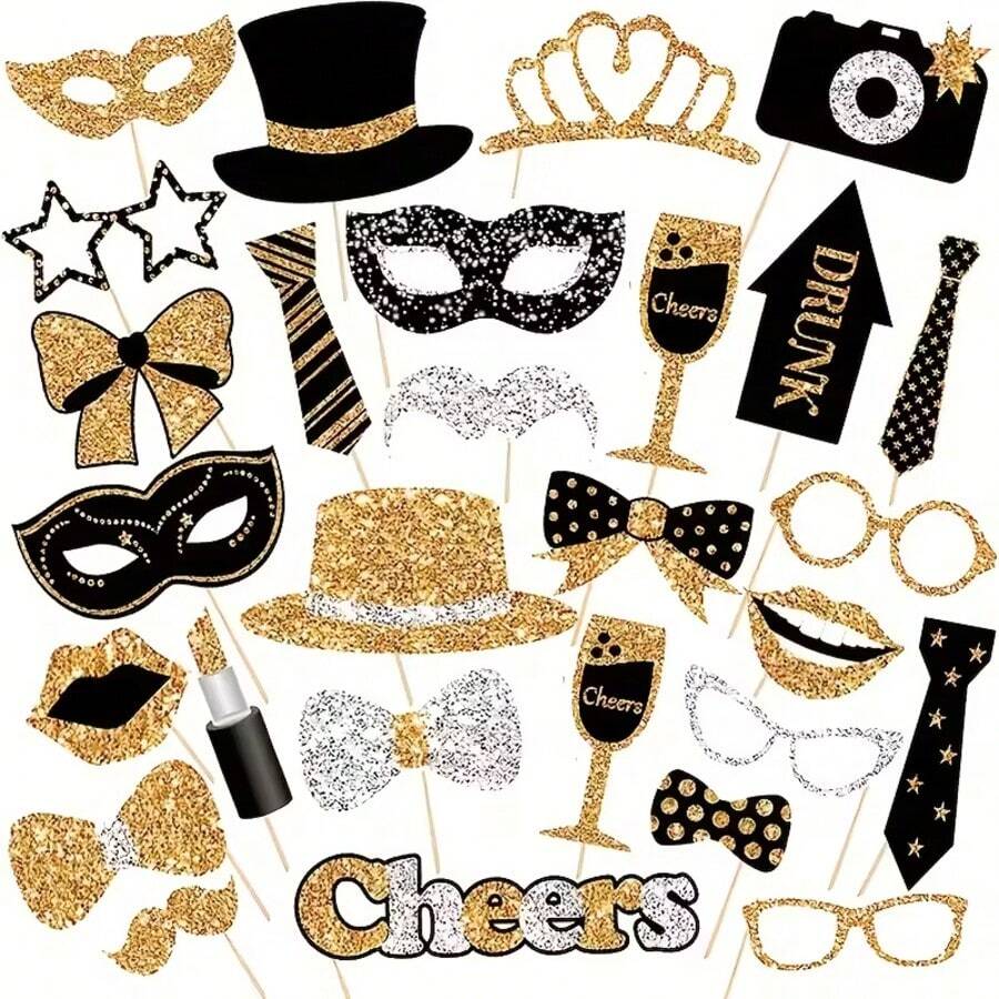 30pcs Black & Gold Glitter Photo Booth Props Set, Fun Selfie Photo Props Accessories, Suitable For Wedding, Birthday, Halloween, Christmas, New Year's Eve, Bachelor Party, Holiday Theme Party Decorations - Multicolor - View 1