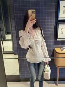 優雅法式風格V領修身女款上衣 - 杏色 - 查看 3
