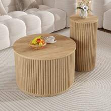 Couchtisch, Doppelter Runder Tisch, Beistelltisch Mit Naturholzlatten. Multifunktionaler Wohnzimmertisch - 彩色 - 查看 11