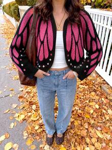 1pc Women's Butterfly Wing Print Short Knit Cardigan Y2K Style Top Suitable For Street, Travel, Party Fall - Hot Pink - View 5