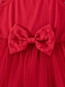 Baby Girls 2pcs/Set Valentine's Day Red Jacquard Button Design Long Sleeve Jacket & Bow Tulle Spaghetti Strap Dress, Sweet Princess Holiday Outfit Set - Red - View 6