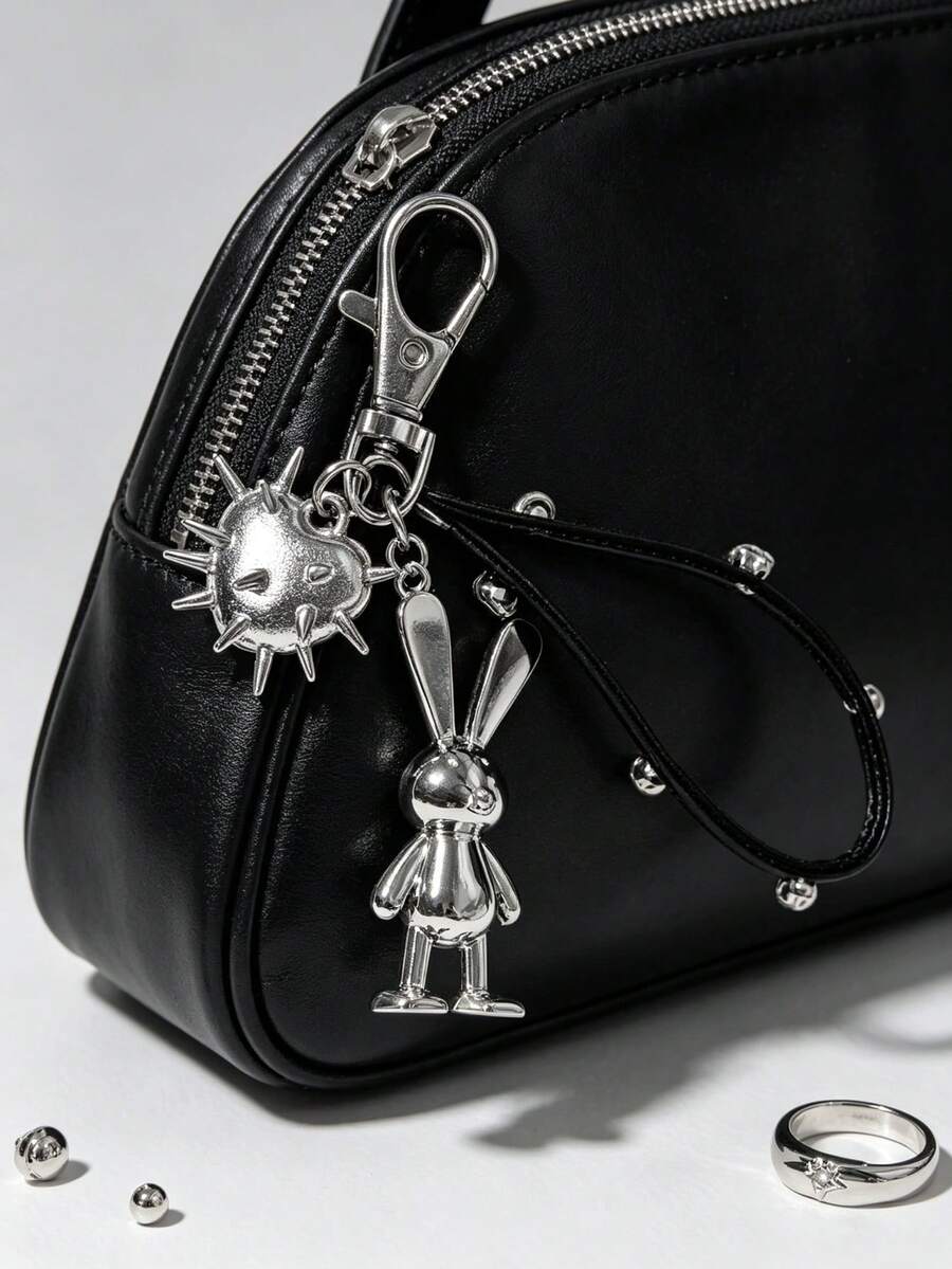 1pc Silver Alloy Rabbit Rivet Heart Bag Charm, Y2K Gothic Punk Style Keychain, Car Key Decoration Backpack Fashion Pendant, Women's Gift - Multicolor - View 1