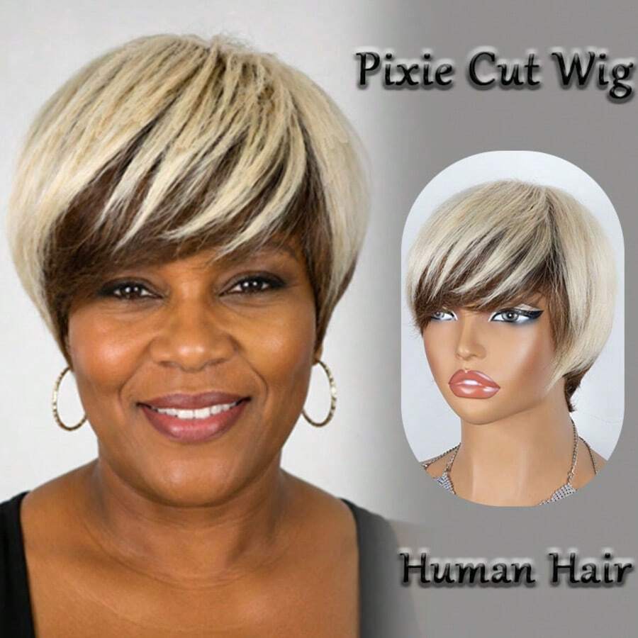 AMECIRE Pixie Cut Wig Human Hair Wig Women's Short-Hair Wig Human Affordable Wear & Go Wigs Straight-Hair Wig With Bangs Elastic Mesh Cap Suitable For Everyday Wear