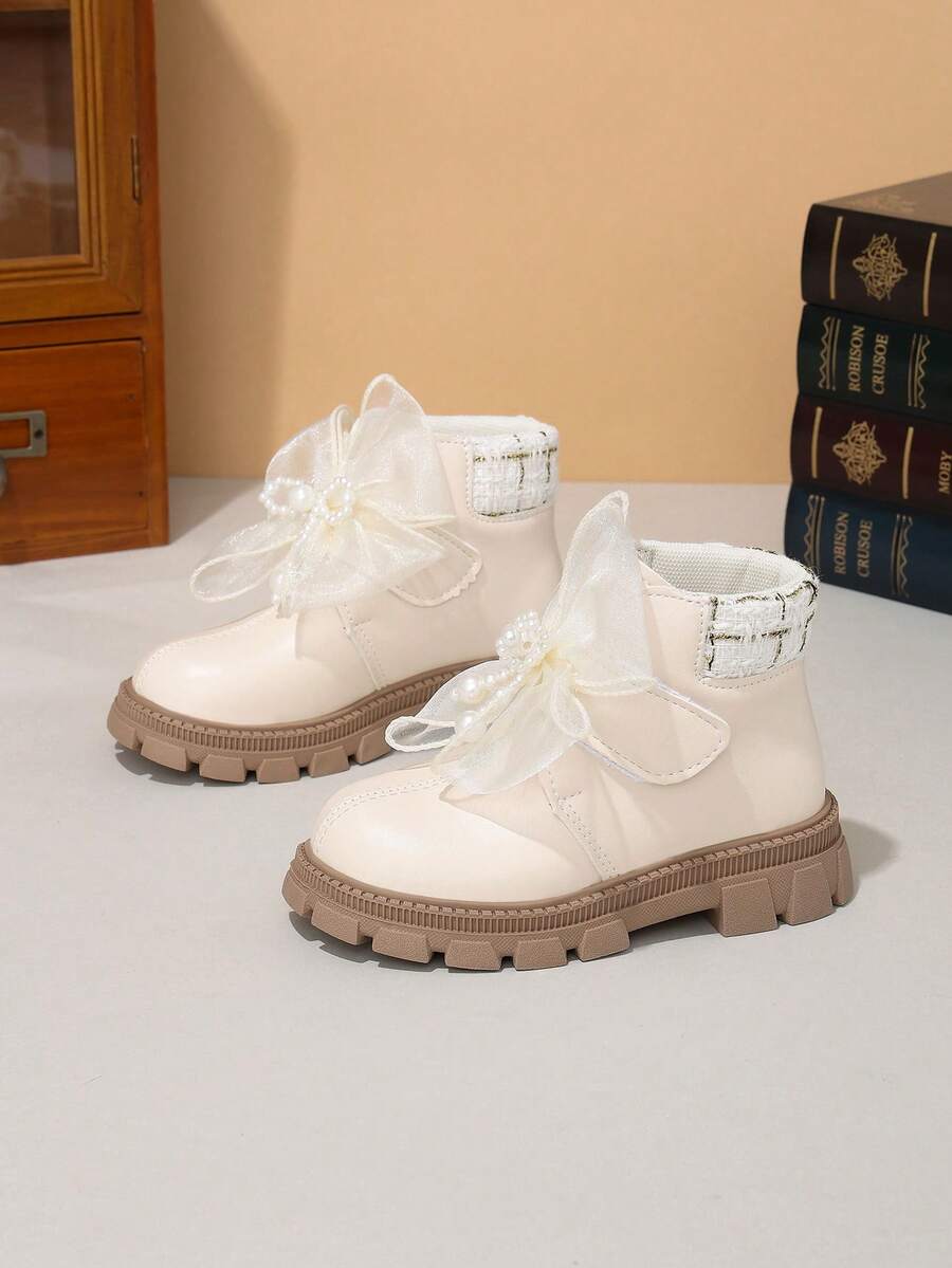 1 Pair Girls' Pearl Lace Butterfly Decor Boots, Elegant Hook And Loop ...