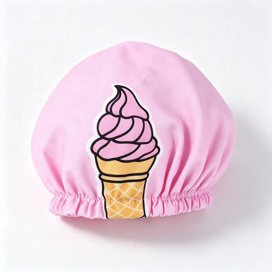 Opjoys 1pc Cute Ice Cream Print Waterproof Shower Cap, Reusable Elastic Bath Cap, Soft Breathable Hair Protection Cap For Women, Home Bathroom, SPA, Salon - Basic model - View 1