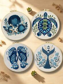 1pc 20*20cm/7.9*7.9in Ocean Theme Turtle & Shell Embroidery Kit, DIY Hand Embroidery Set For Adult Beginners, Home Decor Gift, Women's Sewing Gift, Includes User Manual, Printed Fabric, Embroidery Hoop, Needles & Thread - Sea Turtles - View 5