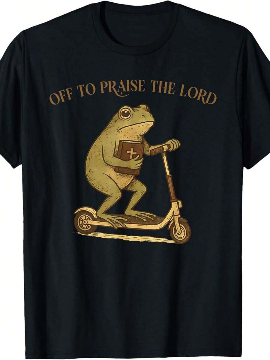 Christian Frog Meme Unisex  Party Beach Sport Four Season Leisure Crew Neck T Shirt - 黑色 - 查看 1