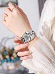 SOKI Women's Luxury Full Rhinestone Square Watch, Silver Roman Numeral Dial, Multi-Layer Crystal Rhinestone Chain Strap, Sparkling Elegant Quartz Wristwatch, Party Wedding Date Accessory, Perfect Gift Choice - Silver - View 4