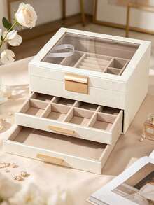 3-Layer Glass Large Capacity Jewelry Box With Lock, Desktop Drawer Jewelry Organizer, Vanity Accessory Storage Box, Women's Jewelry Gift Box, Ring, Necklace, Bracelet And Earring Storage Container - Multicolor - View 5
