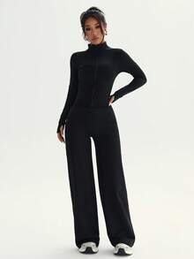 Black 3-Piece Sports Set, Zipper Long Sleeve Jacket, Halter Neck Tank Top, High Waist Wide Leg Yoga Pants - Black - View 5