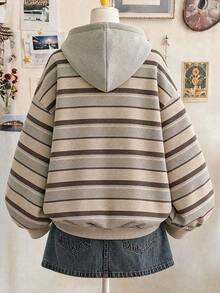 1pc Girls' Vintage Brown & White Striped Hooded Sweatshirt, Korean Style Minimalist All-Match Loose Fit Pullover Top For Tween Girl, Spring/Autumn - Apricot - View 3
