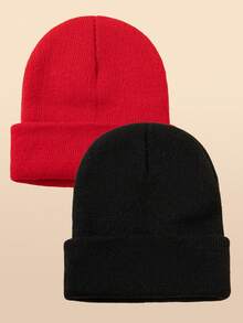 2pcs Unisex Outdoor Warm Solid Color Beanie Knit Hat Suitable For Daily Wear - Black+Red - View 2