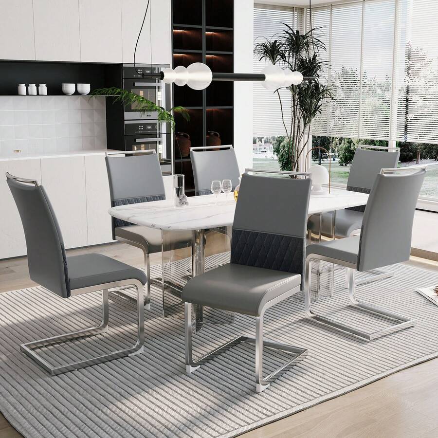 Modern Dining Chairs Set Of 6 Grey - PU Leather And Linen Backrest, High Back Reinforced - Perfect - 灰色 - 查看 1