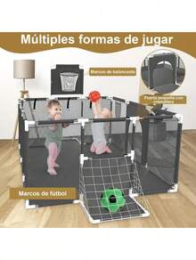 Centro de Actividades Infantil con Aro de Basquetbol, Corral Amplio para Pelotas, Cerco Modular para Interior y Exterior - Gris Oscuro - Ver 3