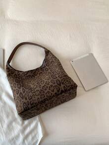 現代豹紋女款托特包，時尚高端PU材質單肩包/大容量收納通勤包 - 咖啡棕 - 查看 9
