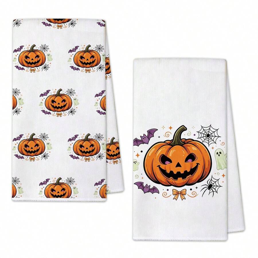 2pcs Kitchen Absorbent Towels, Made Of Polyester Material, Pumpkin, Spider Web, Bat Pattern Printed, Suitable For Kitchen, Bathroom, Ideal Choice For Housewives And Family Gatherings, High Cost-Effective Home Supplies, Autumn Decoration And Room Decor - Multicolor - View 1