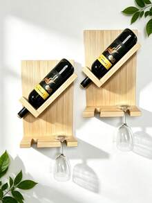 Rustic Wooden Wine Rack & Glass Holder: Wall-Mounted Home Decor, Floating Wooden Wine Bottle Rack, Wine Glass Holder, Suitable For Home, Kitchen, Dining Room And Bar Decoration - Multicolor - View 4