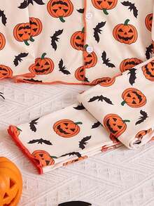 4-Piece Autumn/Winter Boys' Pumpkin Printed Long Sleeve Pants Combination Pajama Set, Skull, Spider Web, Halloween Home Dress, Entertainment Party - Multicolor - View 6