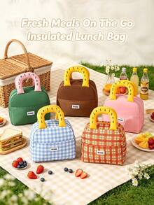 6/1pc Plaid/Solid Color Digital Print Handle Lunch Bag, Zipper Sealed Insulated Leak-Proof Portable Lunch Box, Suitable For School, Office, Picnic, Travel, Daily Use, All Seasons, Back To School Gift - Multicolor - View 3