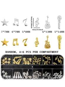 12 Grids Silvery/Golden Metal Music Note Nail Charms 3D Musical Symbol Guitar Nail Decoration Punk Microphone Star Accessories - Multicolor - View 4