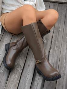 Women's Vintage Metal Buckle Riding Boots, Thick Sole Side Zipper High Shaft Long Boots, Slimming Brown Western Equestrian Boots, Black Boots, Women's Boots - Brown - View 2
