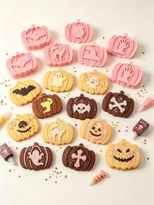 9pcs Halloween Pumpkin Jam Filled Cookie Mold Set, 3D DIY Press-Type Baking Embossed Cookie Cutter - Multicolor - View 2