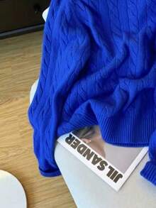 Women's Autumn/Winter Casual Versatile Commute Preppy Youthful Solid Color Half-Zip Loose Collar Knit Cardigan Sweater - Blue - View 5