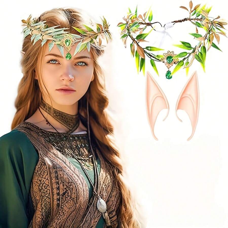 2pcs Halloween Elf Ear Headband With Leaf Wreath - Romantic Fairy Queen Costume Accessory, Suitable For Cosplay, Christmas, Valentine's Day Party - Lightweight Non-Magnetic Hairband - Multicolor - View 1