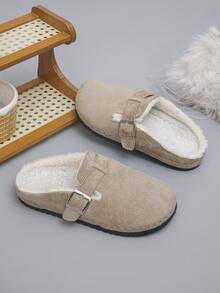 Women's Comfortable Soft Fur Lined Slip-On Closed-Toe Mule Slippers With Buckle Design, Casual Style, Autumn/Winter Daily Home Slippers, Khaki Color, Plus Size - Khaki - View 7