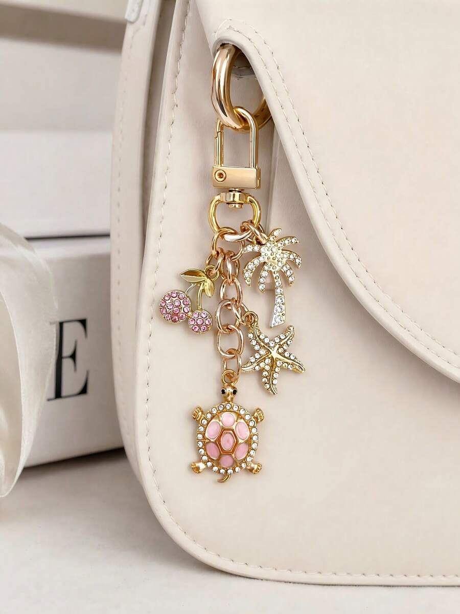 1pc/3pcs, Fashionable Rhinestone Cherry Keychain, Women's Beach Accessory, Turtle Starfish Coconut Tree, Charming Bag Charm, Beach Travel Essential, Bag Accessory, Room Decor, Car Accessory, Fun Back To School Gift - Multicolor - View 1