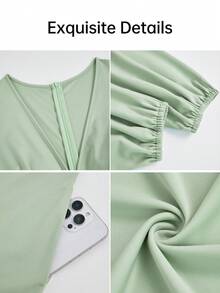 AIJ Women Fall Green French Style V‑Neck Long Puff Sleeve Wide Leg Jumpsuit High Waist Pockets Elegant Formal Office Party Evening Fall Fashion Outfit - Bean Green - View 4