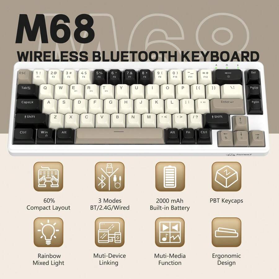 ATTACK SHARK FreeWolf M68 67-Key Tri-Mode Wireless Gaming Keyboard PBT Keycaps Rainbow Backlit Silent Ergonomic Keyboard - View 1
