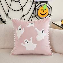 1pc Halloween Embroidered Applique 4 Floating Ghosts Pillow Case, Soft Velvet Fabric + White Pom Poms, Suitable For Modern Country Style Indoor Decor Sofa Cushion Cover, Seat Cushion Cover, Everyday All-Season Decorative Pillow Case, Without Insert - Pink - View 5