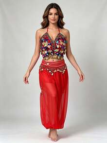 V Neck Multicolor Sequin Coin Halter Dance Crop Top Coin Tassel Waist Belt Chiffon Loose Cuffed Harem Pants Exotic Stage Performance Dance Outfit - Multicolor - View 6