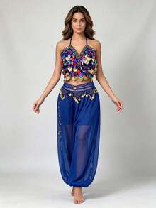 V Neck Multicolor Sequin Coin Halter Dance Crop Top Coin Tassel Waist Belt Chiffon Loose Cuffed Harem Pants Exotic Stage Performance Dance Outfit - Multicolor - View 7
