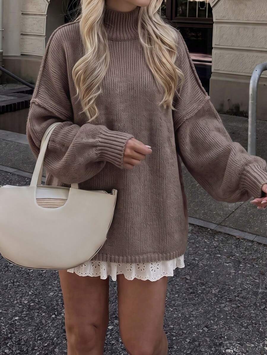 Women's Loose Knit Pullover Sweater, High Neck Long Lantern Sleeves, Suitable For Autumn/Winter Wear - Brown - View 1