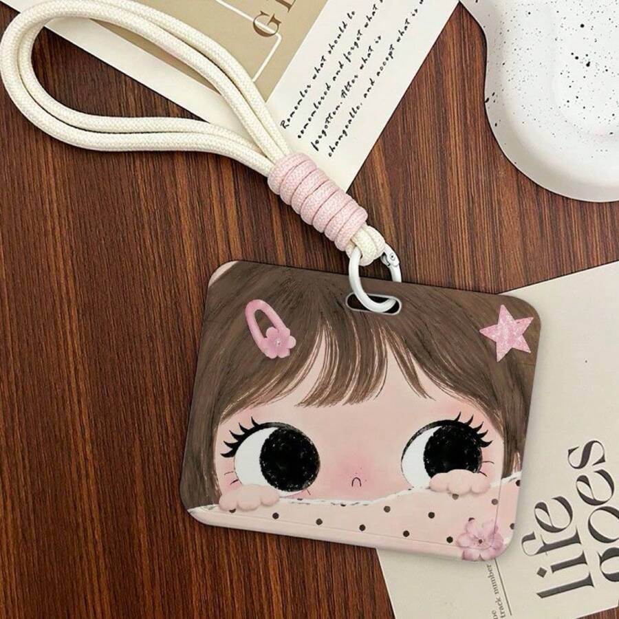 Big‑Eye Cartoon Girl Card Holder With Braided Lanyard, Hard PC Horizontal ID Badge Holder For Student School Bus Card Work Name Tag Back To School Supplies - A - View 1