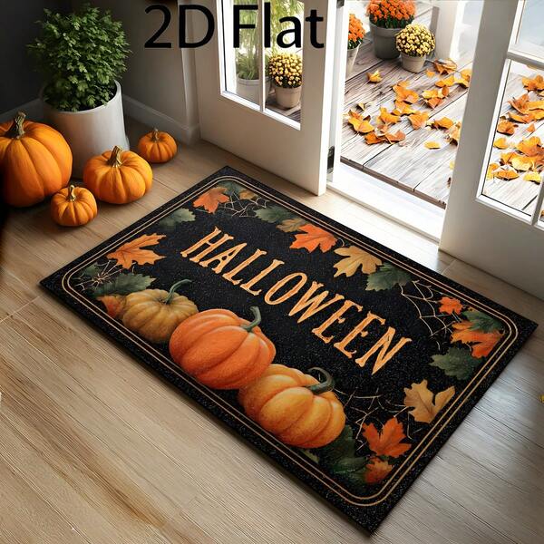 1pc Pumpkin & Maple Leaf Halloween Entryway Doormat, Soft & Comfortable Bedroom Rug, Washable Carpet, Suitable For Front Door, Entrance, Hallway, Kitchen, Bedroom, Dorm, Dining Room, Skin-Friendly Rug, Living Room Carpet, Sofa Seat Rug, Area Rug, Creative Versatile Home Decor Carpet, Large Living Room Rug, Bedroom Carpet, Walk-In Closet Rug, Room Decoration, Gift For Family & Friends