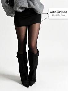 Women's Black Woven Fabric Mini Fitted Skirt, Zipper Design, Casual Elegant Style, Medium Stretch, Perfect Fit To Body Shape - Black - View 2