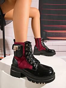 Black & Red Colorblock Patchwork Boots For Women, Side Pocket Metal Buckle Lace-Up Thick Sole Platform Boots, Height-Increasing Motorcycle Workwear Ankle Boots - Burgundy - View 16