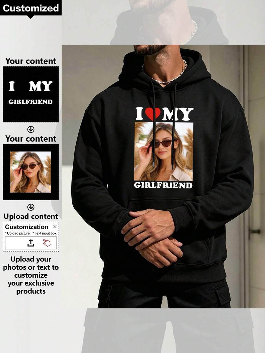 Personalized Custom Men's Hoodie, Upload Text And Image To Customize Your Own Unique Clothing, Perfect Gift For Family, Boyfriend, Friends, Children Or Men, This Hoodie Also Showcases Elegant Style, Personalized Customization - Black - View 1