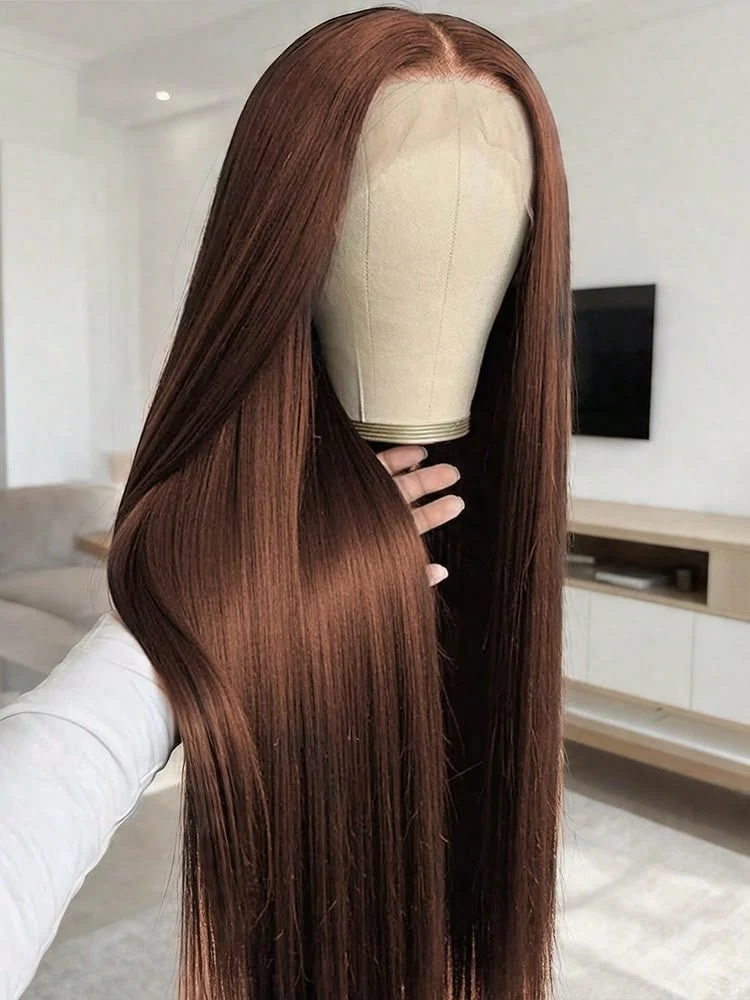 Dollface Human Hair Wig, Straight Lace Front, 13x4/13x6, HD 180 Density Transparent Mesh, Chocolate Brown #4, Free Line, 18-36 Inches, Pre-Plucked Hairline With Baby Hairs, Custom Cut, Soft Texture - S4 - View 1