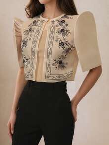 Blusa Filipiniana Moderna con Estampado Retro y Mangas Abullonadas, Primavera/Verano - Champán - Ver 1